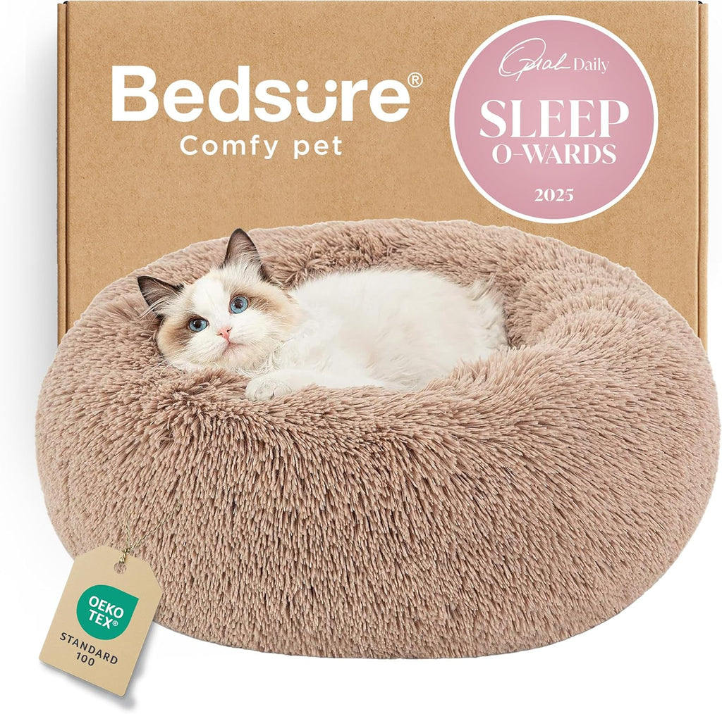 Calming Cat Beds for Indoor Cats - Small Cat Bed Washable 20 Inches, Anti-Slip round Fluffy Plush Faux Fur Pet Bed, Fits up to 15 Lbs Pets, Camel