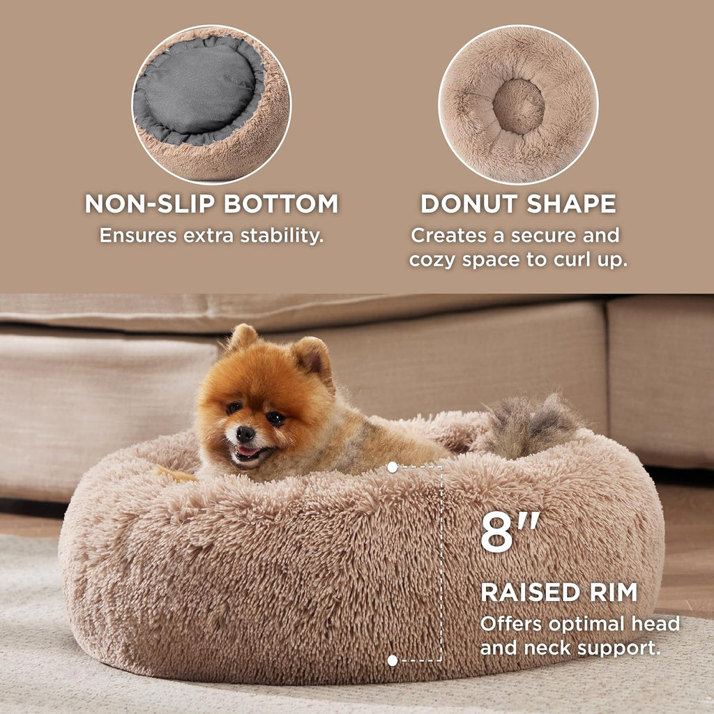 Calming Cat Beds for Indoor Cats - Small Cat Bed Washable 20 Inches, Anti-Slip round Fluffy Plush Faux Fur Pet Bed, Fits up to 15 Lbs Pets, Camel
